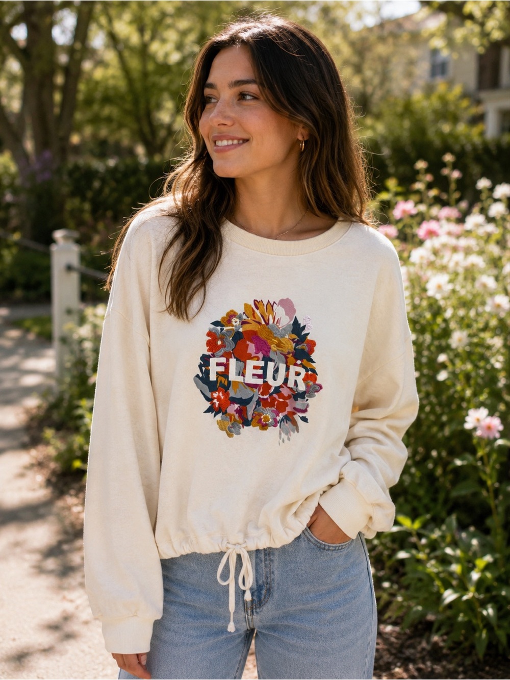 101A. Anthropologie Cream 'Fleur' Floral Drawstring Sweatshirt